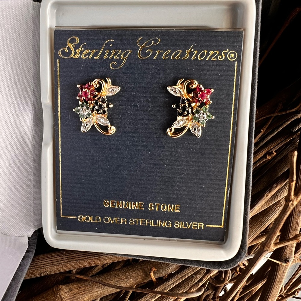 Gold-Over-Sterling Floral Multi-Stone Stud Earrings - Red, Green & Blue